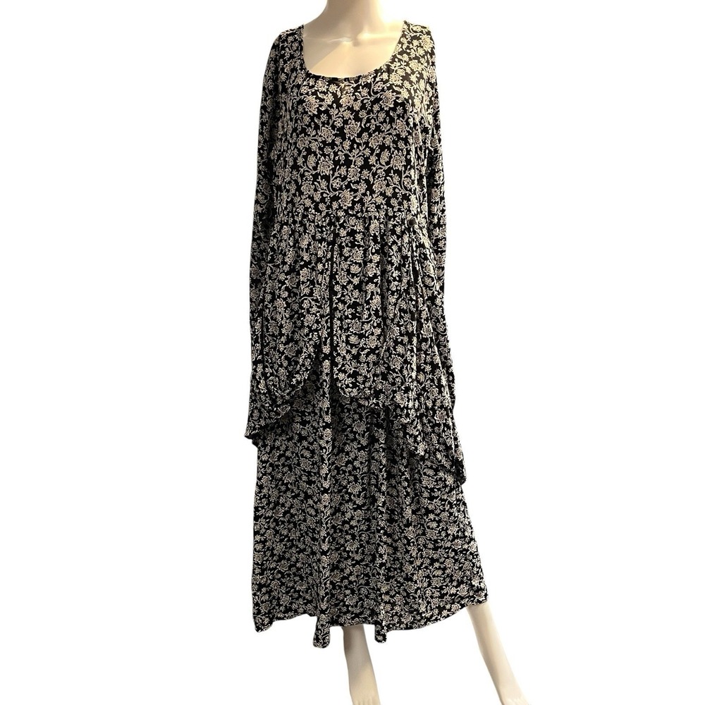 Dress To Kill Dress Black Floral Balloon Maxi Tiered OS Avant Grarde Art To Wear